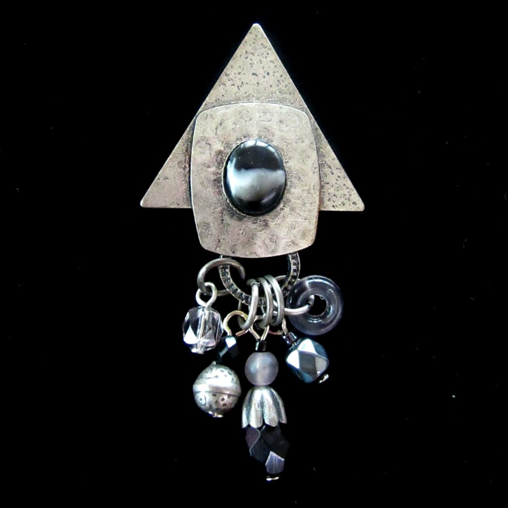 Vintage Hammered Pewter Tone Geometic Metal Brooch With Dangling Beads-Lapel Pin